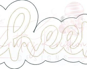 May include: A black and white outline of the word "cheer" in a cursive font. The word is outlined in a dotted line.