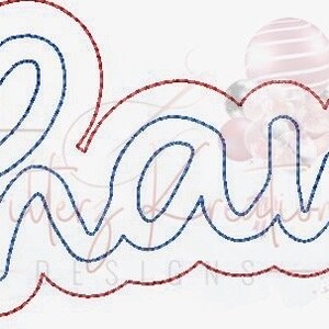 May include: A blue and white embroidery design of the word "remarkable" in a cursive font. The design is outlined in red.