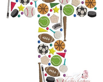 Sports Alphabet. Letter T Sports Balls. Soccer. Baseball. Basketball. Tennis. Football. Golf. Hockey. Digital Embroidery Design.