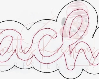 May include: A white cutout with a black outline, featuring the word "Teacher" in a cursive, stitched-style font. The text is a deep red color, and the design has a scalloped edge.