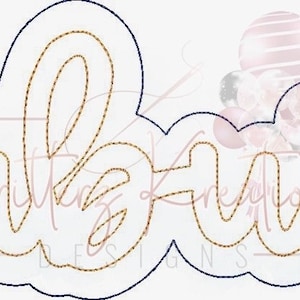 Pode incluir: Um design branco em forma de nuvem com a palavra "Auburn" em ouro, com costura. O texto é delineado em azul marinho. O design tem um estilo decorativo e cursivo.
