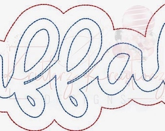 May include: A white outline of the word "Buffalo" in a blue cursive font. The word is surrounded by a white cloud shape with a red outline.