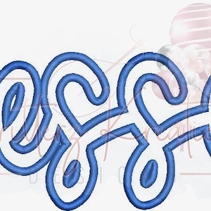 May include: Blue cursive word "Blessed" with a double outline.