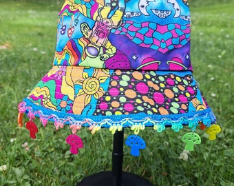 Trippy Space Mushroom Bucket Hat / Festival Hat / Rave Hat with charms