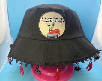 ¿Lo estás sintiendo ahora? Sombrero de pescador del Sr. Cangrejo - OPCIÓN 3 (Inspirado en Bob Esponja) / Sombrero de festival / Sombrero rave - con o sin dijes o parche
