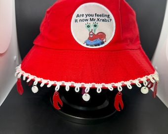Are You Feeling It Now Mr. Krabs Bucket Hat - OPTION 1 (Inspired by Sponge Bob) / Festival Hat / Rave Hat - with or without charms or patch