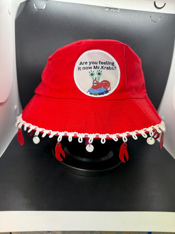 Are You Feeling It Now Mr. Krabs Bucket Hat - OPTION 1 (Inspired by Sponge Bob) / Festival Hat / Rave Hat - with or without charms or patch