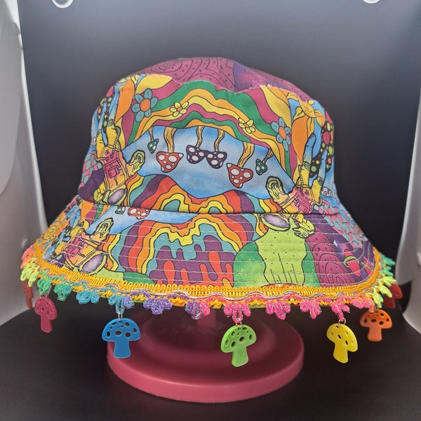 Trippy Space Mushroom Bucket Hat / Festival Hat / Rave Hat with charms