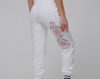 Joggers with ukrainian ornament, ukrainian patterns, milky joggers, cotton joggers, printed joggers, ukrainian production, geometric design