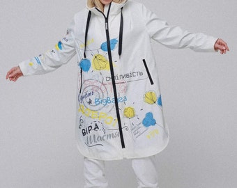 Girls raincoat, white women's raincoat, sports waterproof women's raincoat, hooded raincoat, polyester print raincoat, womens coat