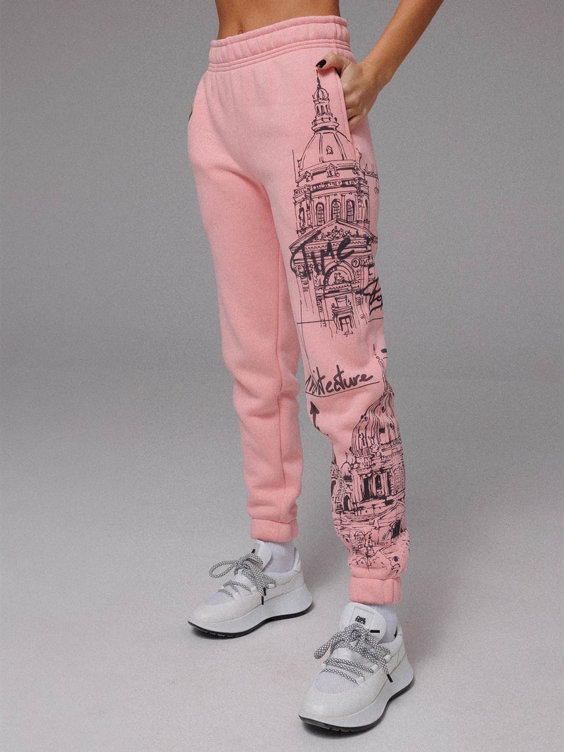 Stylish Cotton Joggers with Italian Print Comfy Streetwear Pants for Women Pink