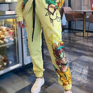 Lemon pants, loose pants, summer women's pants, comfortable joggers, elastic pants, printed joggers, graffiti print image 1