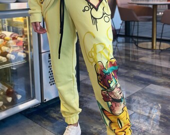 Lemon pants, loose pants, summer women's pants, comfortable joggers, elastic pants, printed joggers, graffiti print