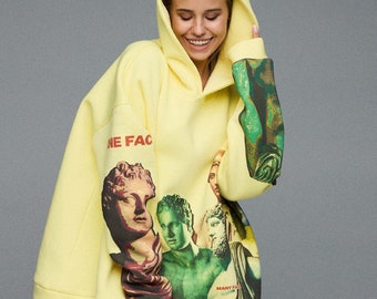 Designer Clothes: Yellow Stylish Oversized Fleece Hoodie with Unique Art Print