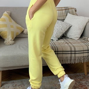 Lemon joggers, yellow pants, women's clothing, sportswear, sweatpants, cotton knit joggers, comfortable clothing, joggers, women pants image 3