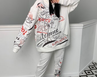 White Women's Suit whith Ukraine print - Two Piece Suit Women - Autumn Women Clothes - Streetwear Style