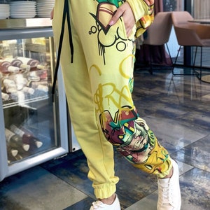 Lemon pants, loose pants, summer women's pants, comfortable joggers, elastic pants, printed joggers, graffiti print image 2