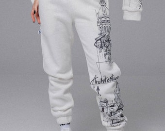 Fashionable White Woman Streetwear Pants with Italian Print - Cozy Cotton Joggers with Pockets