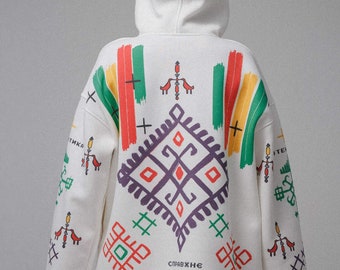 Trendy Oversized Fleece Hoodie whith Ukrainian print, fall clothing, comfortable printed hoodie, designer clothes, designer print