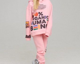 Unique Pink Women's Fleece Suit whith art print - Hoodies and Joggers Set - Winter Clothes Women - Streetwear Style