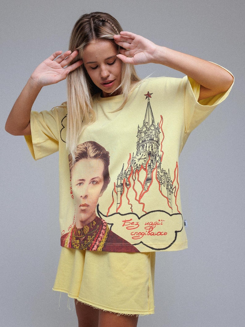 Women's sports t-shirt, yellow t-shirt, cotton shirt, universal model with an author's print and author's inscriptions, ukrainian production image 3