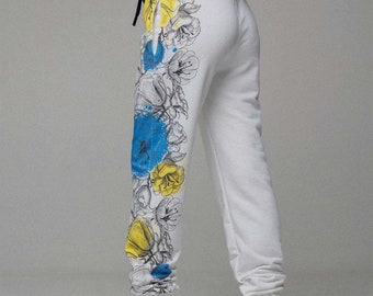 Joggers with ukrainian pattern, floral clothing, cotton joggers, floral print, girls joggers with pockets, elasticated pants, designer print