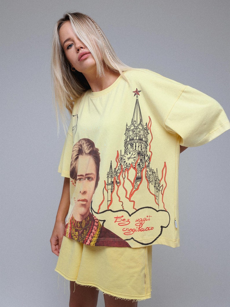 Women's sports t-shirt, yellow t-shirt, cotton shirt, universal model with an author's print and author's inscriptions, ukrainian production image 6