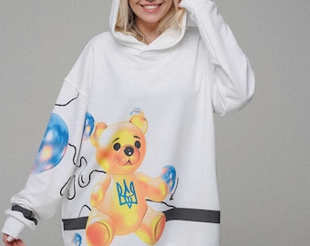 Ukraine hoodie with print Cute Bear, Oversized Hoodie Mock up, Unisex white hoodie, comfortable printed hoodie, designer print