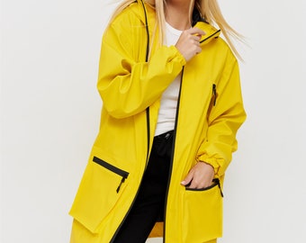 Women's raincoat, colorful style, women's active wear, yellow raincoat, raincoat, women's jacket, women's coat, raincoat with hood and pocket