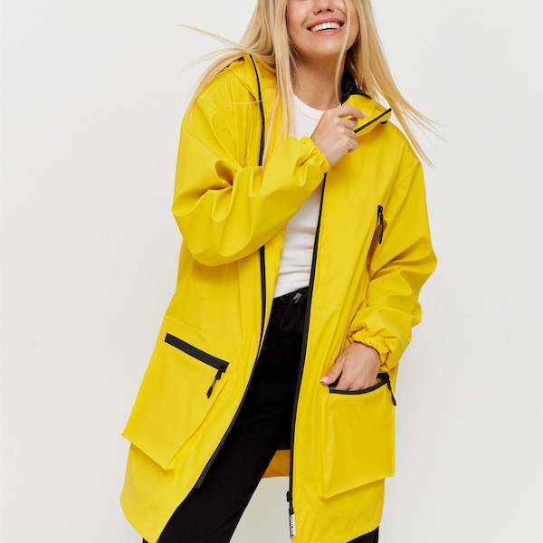 Imperméable femme, style coloré, vêtements de sport femme, imperméable jaune, imperméable, veste femme, manteau femme, imperméable avec capuche et poche