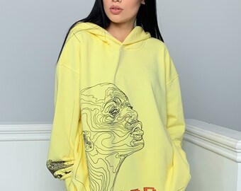 Yellow Hoodie with words on back ERROR, Cute sweatshirt with designer print, Hoodie Mock up Oversized, Comfortable printed hoodie