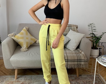 Lemon joggers, yellow pants, women's clothing, sportswear, sweatpants, cotton knit joggers, comfortable clothing, joggers, women pants