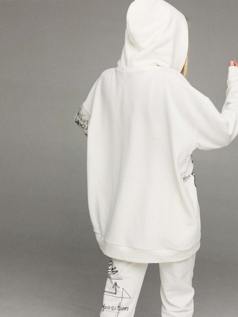 Oversized Graphic Hoodie with Pouch Pocket - White