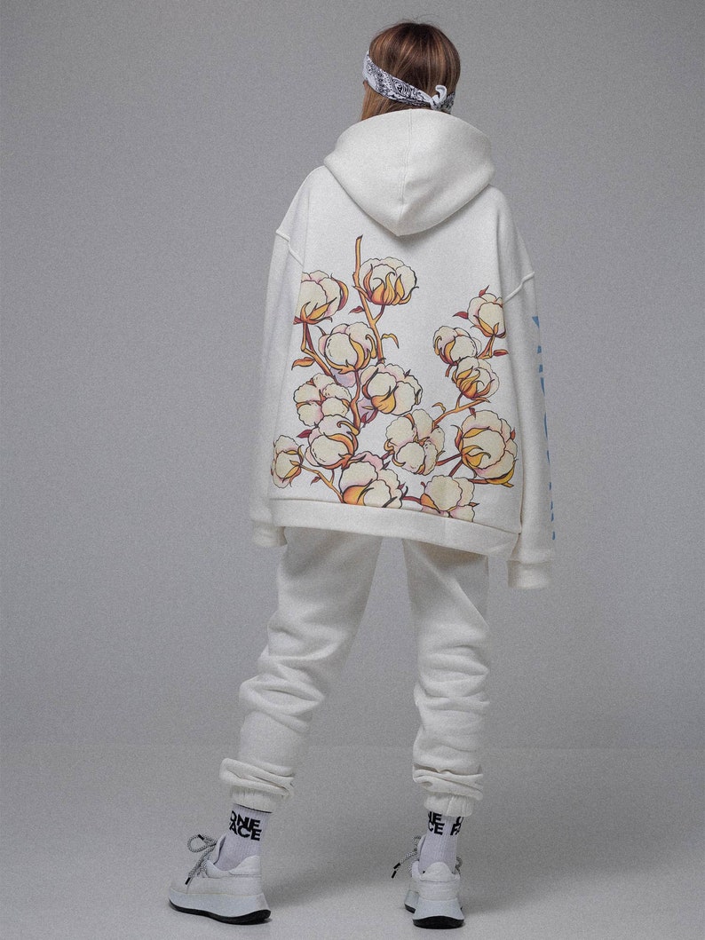 Ukrainian white hoodie, Oversized Fleece Hoodie whith print, fall clothing, comfortable printed hoodie, designer clothes, designer print image 7