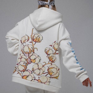 Ukrainian white hoodie, Oversized Fleece Hoodie whith print, fall clothing, comfortable printed hoodie, designer clothes, designer print image 2