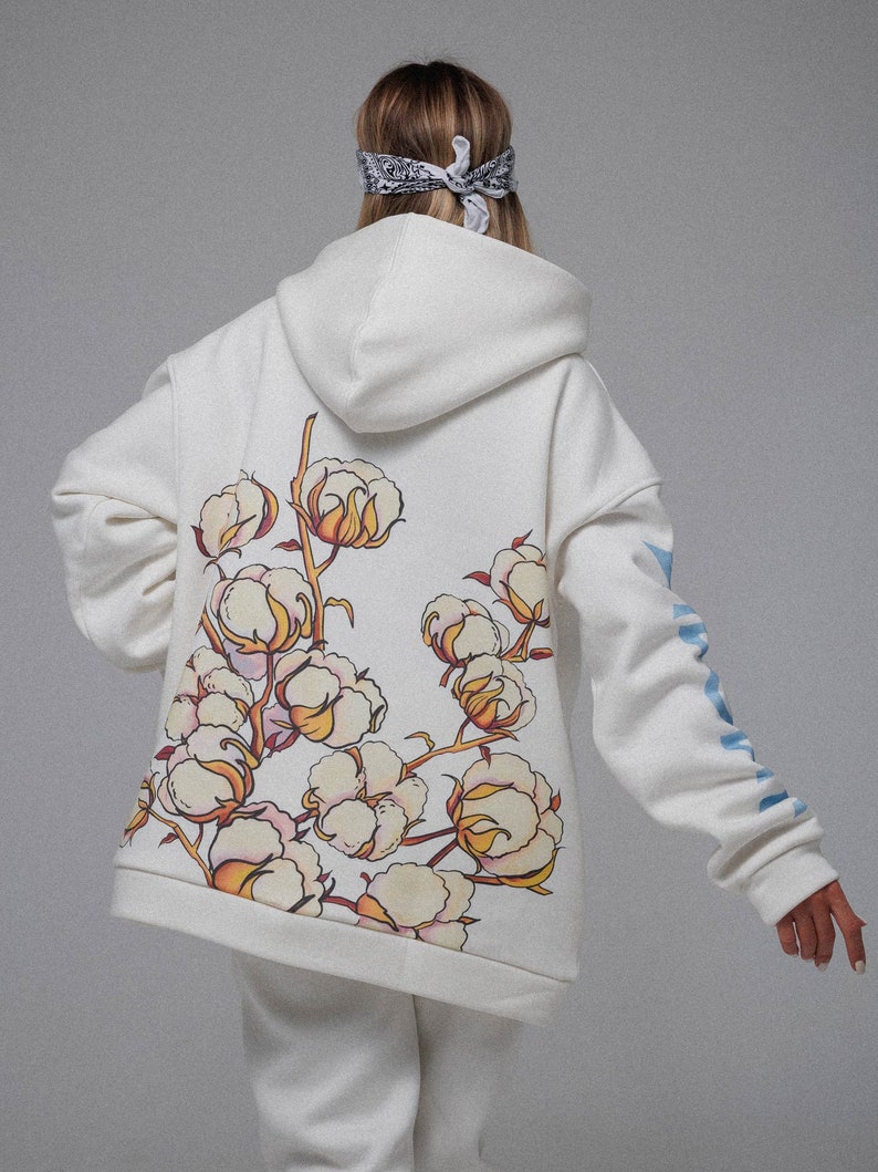 Ukrainian white hoodie, Oversized Fleece Hoodie whith print, fall clothing, comfortable printed hoodie, designer clothes, designer print image 2