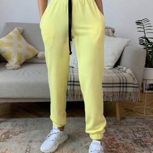 Lemon joggers, yellow pants, women's clothing, sportswear, sweatpants, cotton knit joggers, comfortable clothing, joggers, women pants image 2