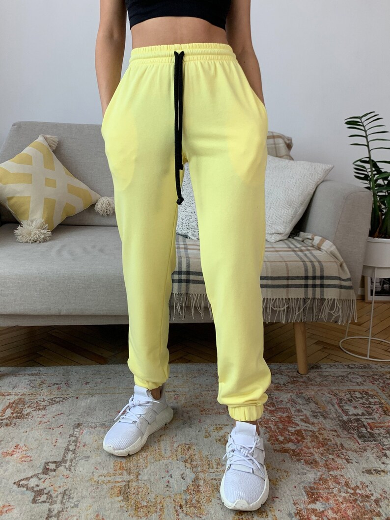 Lemon joggers, yellow pants, women's clothing, sportswear, sweatpants, cotton knit joggers, comfortable clothing, joggers, women pants image 2