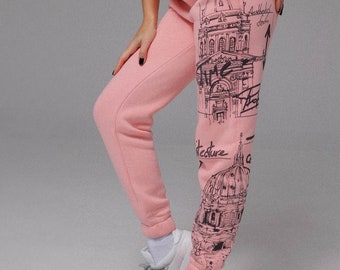 Stylish Cotton Pink Joggers with Italian Print - Comfy Streetwear Pants for Women