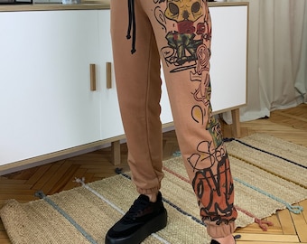 Joggers, brown color cotton joggers, printed joggers, cartoon design, color print, ukrainian production, geometric pattern