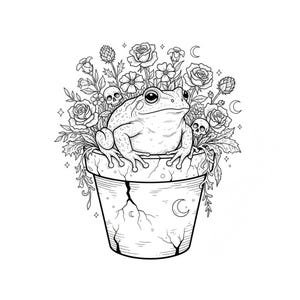 Puede incluir: Ilustración en blanco y negro de una rana sentada en una maceta agrietada llena de rosas, calaveras y otros elementos florales. El diseño incluye detalles de luna creciente y estrellas, creando una estética gótica o caprichosa.