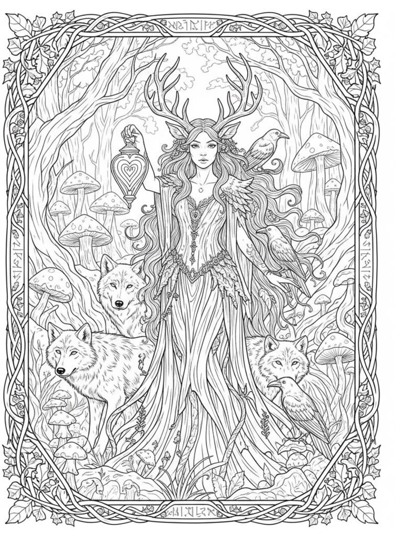 Lady Guard Coloring Forest Guardian Coloring Page – Antlered Woman With Wolves & Lantern ...