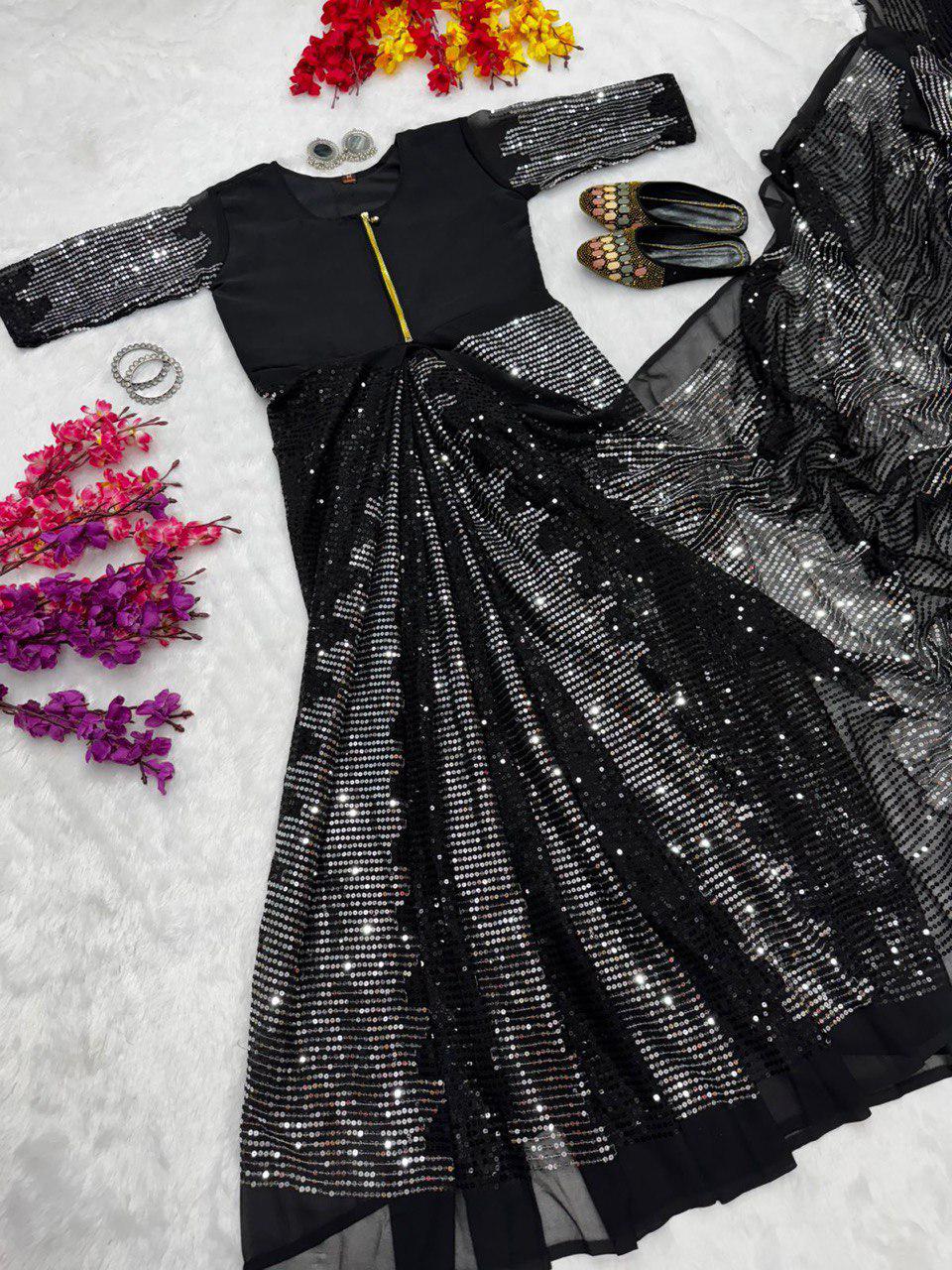 Sequence Gown Saree: Pre-Stitched Faux Georgette Indian Saree