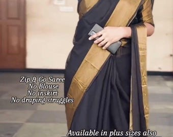 Chinon Zari Patta Saree Gown: Ready to Wear, Zip & Go