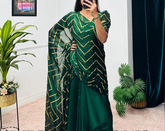 Green Gown Saree: Ready to Wear Rangoli Fabric with Foil Print