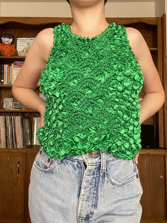 1990s Y2K 2000s Popcorn Top Emerald Green XS Smal… - image 2