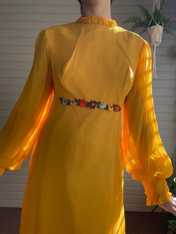 Late 1960s Marigold Yellow Chiffon Long Sleeve Dre