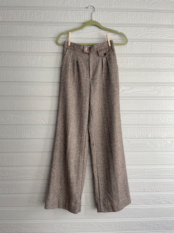 1970s Wide Leg Wool Tweed Trousers Pants Brown XS - image 1