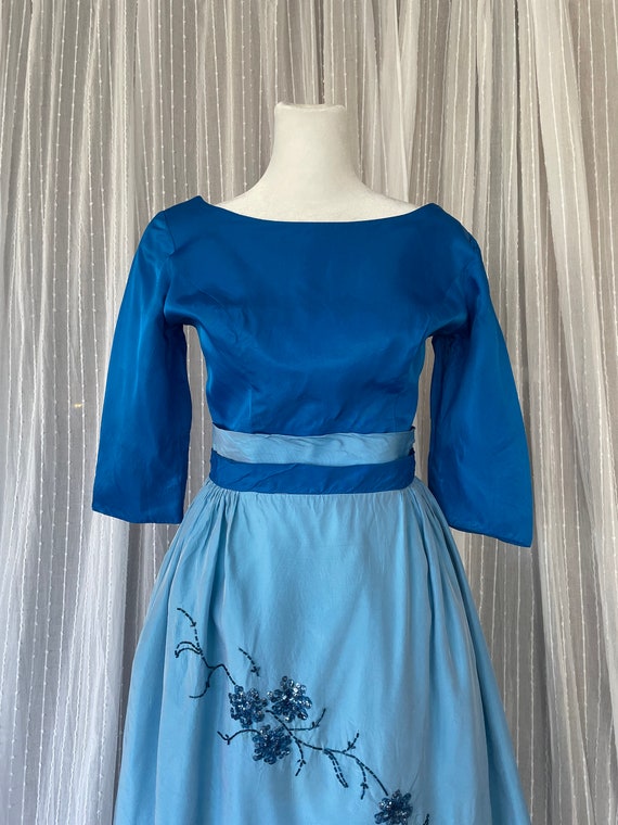 1950s Blue Two Tone Silk Taffeta Cocktail Dress XS