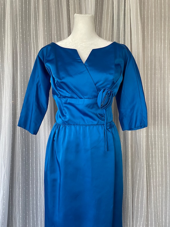 1950s Peacock Blue Satin Cocktail Dress Medium